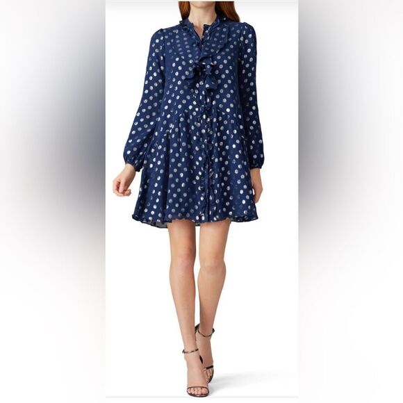 SALONI Navy Dot Tilly Ruffle Silk Dress Size 4 - Picture 1 of 7